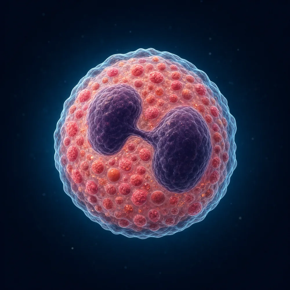 Educational illustration of an eosinophil with a dark bilobed nucleus and abundant coarse coral-red granules.