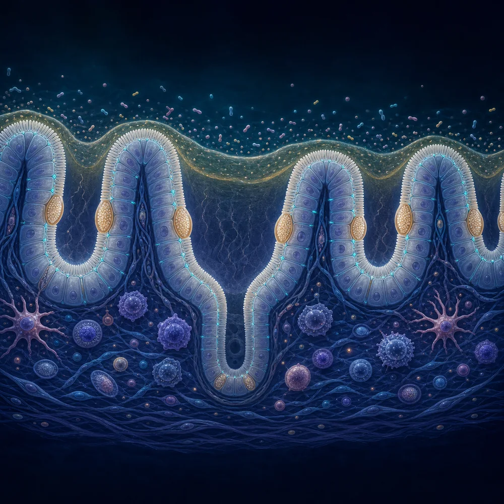 Educational cutaway of intestinal villi with mucus, epithelial cells, goblet cells, a sparse microbial layer, and immune cells in the tissue below.