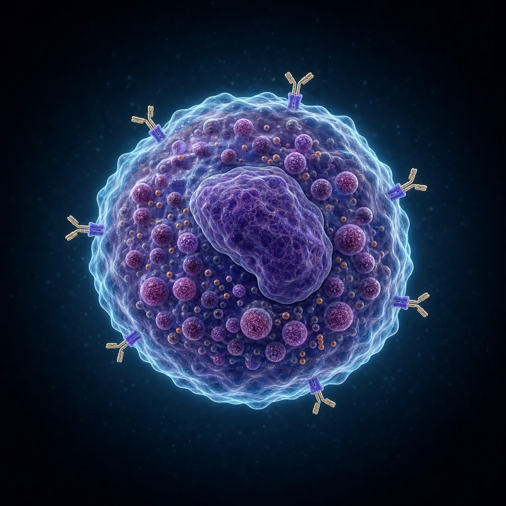 Educational illustration of a mast cell with a central nucleus, abundant purple secretory granules, and simplified IgE receptors on its surface.